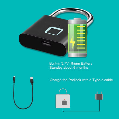 Smart Fingerprint Padlock Waterproof Zinc Alloy Biometric Padlocks with Built-In Rechargeable Battery Door Lock